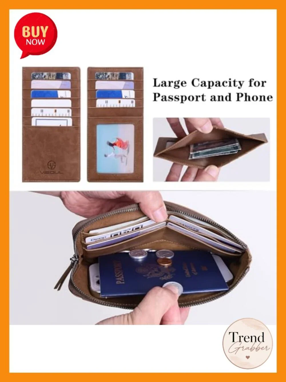 Genuine Leather RFID Zipper Cash Wallet with Removable Card Holder, Clutch Style